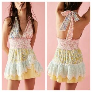 LOVESHACKFANCY Cambria Colorblock Tiered Halter Mini Dress